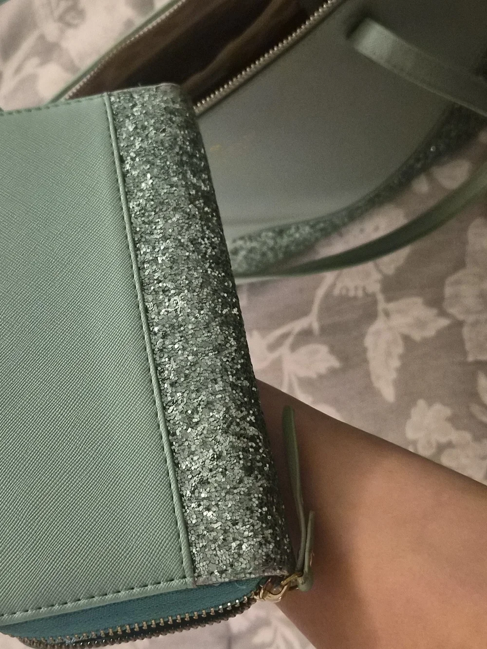 Kate Spade Mint Green Glitter Bottom Tote And Matching Wallet